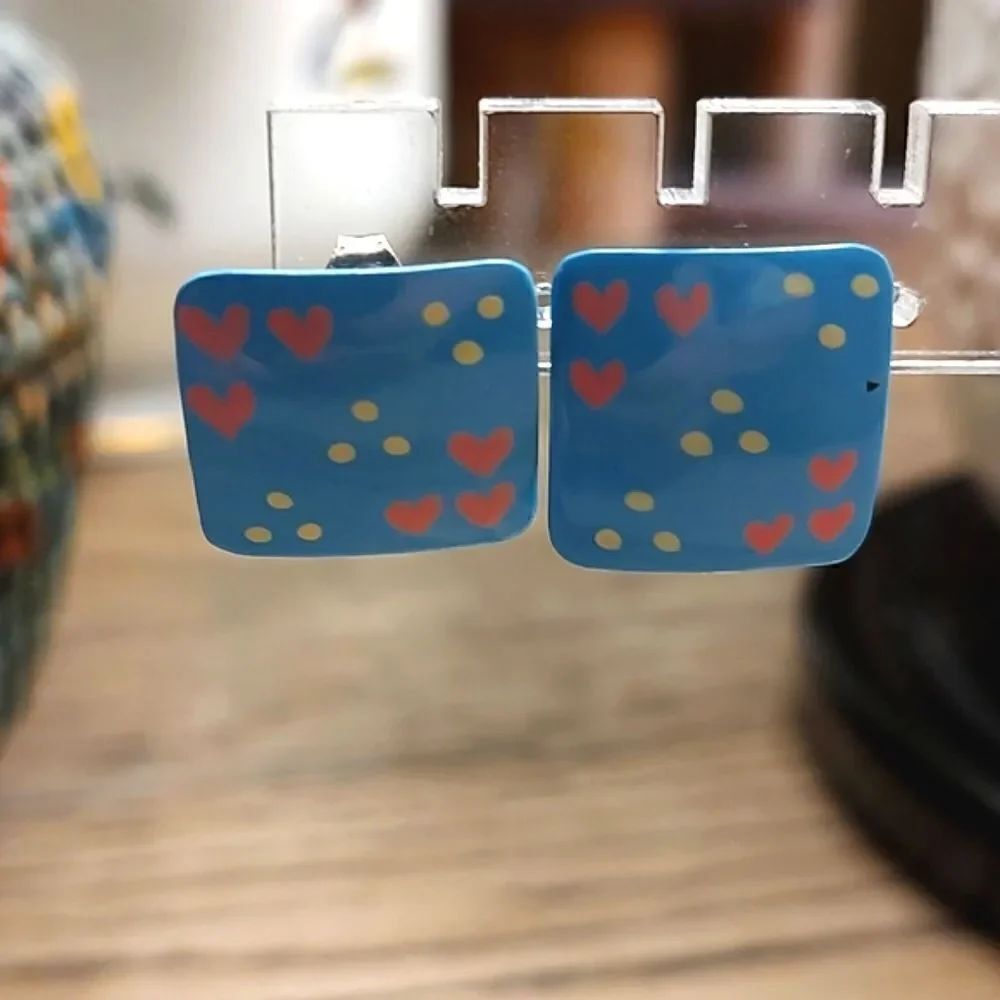 Square Painted Metal Pierced Earrings Hearts and Dots